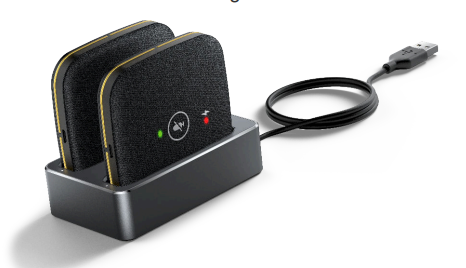 Two black Yealink CPW65 wireless microphones with gold accents, resting in a sleek charging dock with a USB cable attached, featuring indicator lights on each microphone.