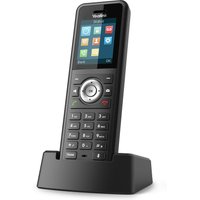 Black Yealink DECT W59R handset with color screen, keypad, and charging base.