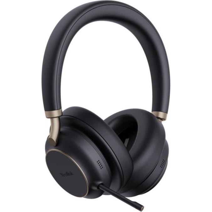 Black over-ear headphones with a sleek design, gold accents, adjustable headband, and a detachable microphone for clear communication.