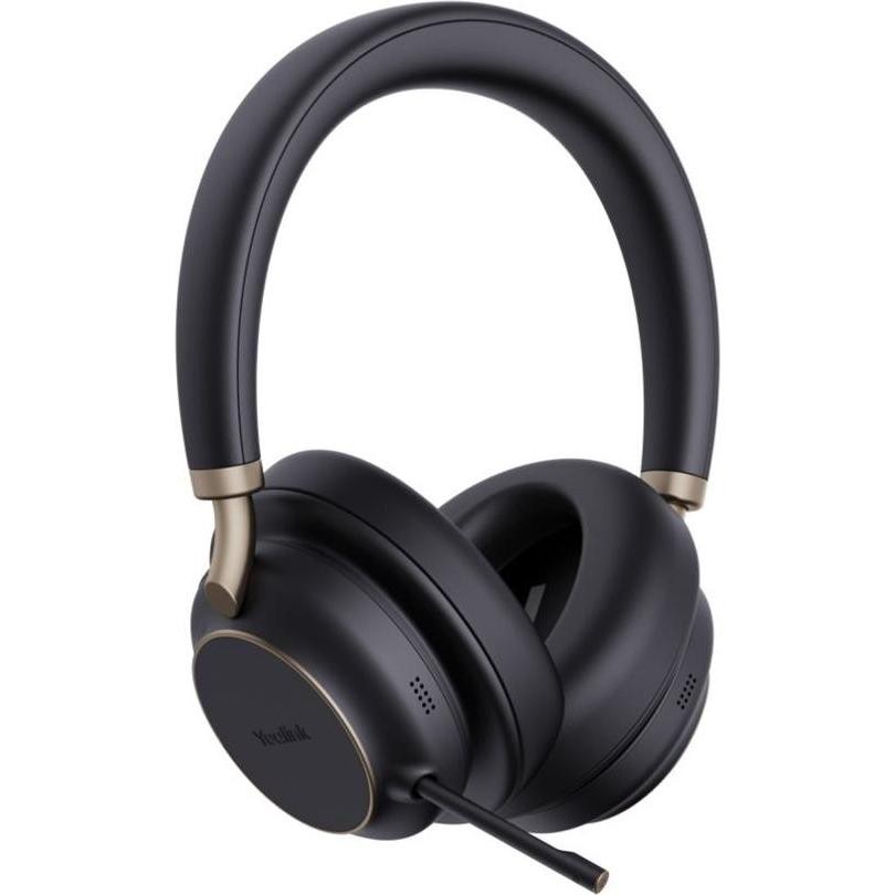 Black over-ear headphones with a sleek design, featuring gold accents, a flexible microphone, and cushioned ear cups for comfort.