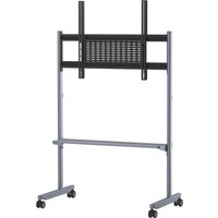 Black and silver Yealink MB-FS-VESA TV stand with adjustable mount and wheeled base.