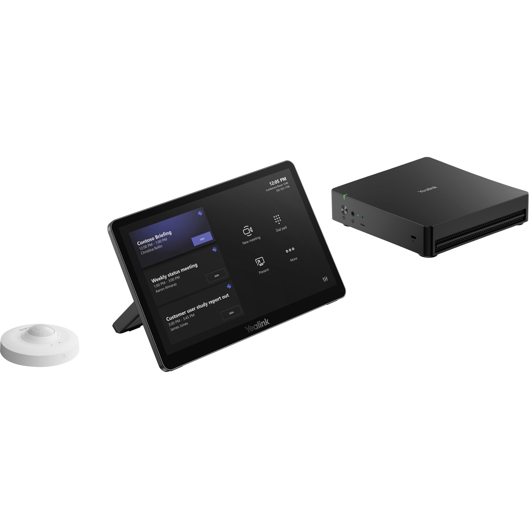 Yealink MCoreKit-C5U-MS includes a sleek black computing unit and a touchscreen display with a stand, featuring a user-friendly interface and a white remote control.
