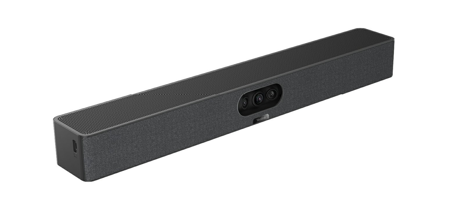 Yealink MeetingBar A25-031 is a sleek, rectangular black audio bar with a textured finish, featuring dual cameras and multiple connectivity ports for video conferencing.
