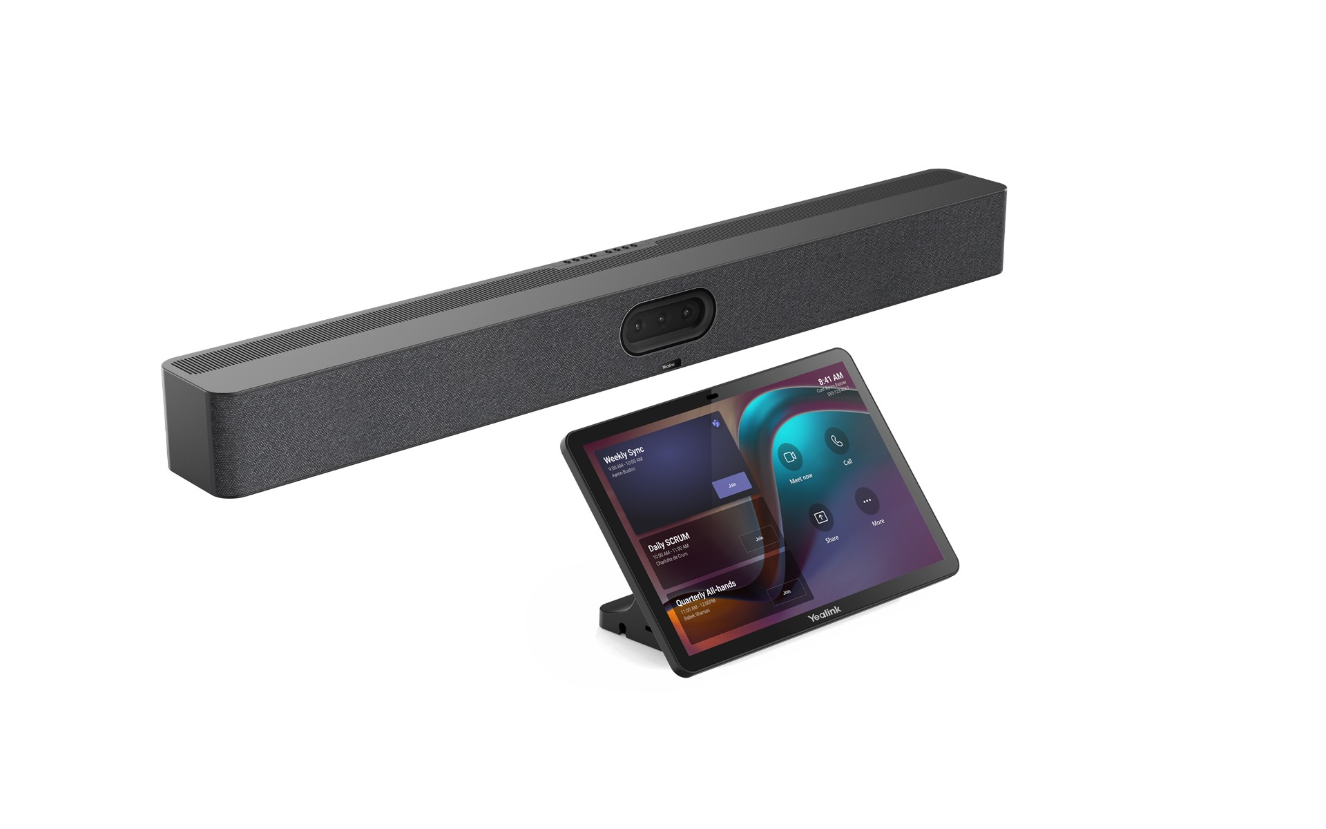 Yealink MeetingBar A50-031 features a sleek black soundbar with a built-in camera and a touch screen control panel, showcasing a modern design for video conferencing.