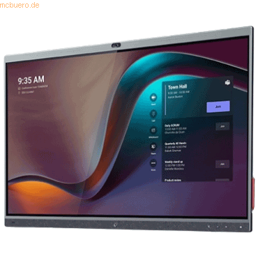 Yealink MeetingBoard 65 features a sleek silver frame, a large touchscreen display, and a user-friendly interface with vibrant colors and icons for easy navigation.