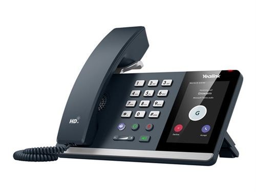 Yealink MP54 E2 Teams phone in black with a sleek design, featuring a numeric keypad, a color touchscreen display, and a curved handset on a sturdy base.