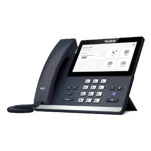 Yealink MP56 E2 Teams IP phone in grey with a sleek design, featuring a large touchscreen display, numeric keypad, and a black handset with a coiled cord.