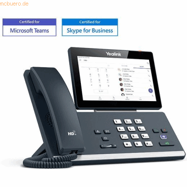 Yealink MP58 Microsoft Teams Edition features a sleek black design with a touchscreen display, numeric keypad, and a separate handset, designed for professional communication.