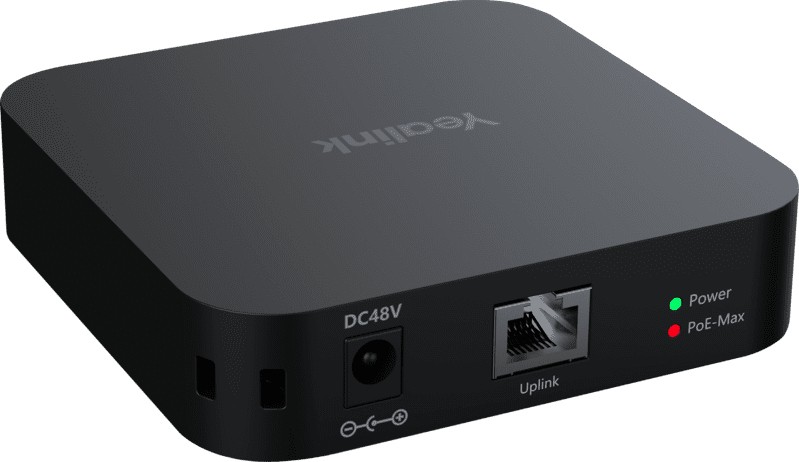 Yealink RCH40 E2 Ethernet LAN device in black, featuring a sleek design, power and PoE-Max indicator lights, and an Ethernet port for connectivity.