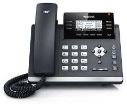 Yealink SIP-T41PN IP phone in black with a sleek design, featuring a digital display, keypad with numeric buttons, and a coiled handset.
