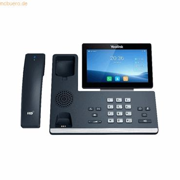 Yealink T58W Pro phone in dark gray with a touchscreen display, Bluetooth handset, numeric keypad, and built-in speaker, designed for professional communication.