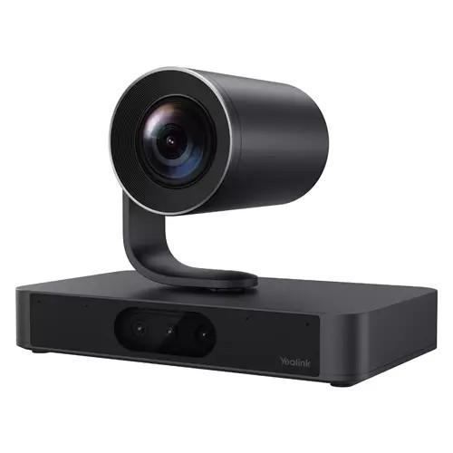 Yealink SmartVision 80 features a sleek black design with a cylindrical camera mounted on a curved arm, positioned on a rectangular base with dual lenses.
