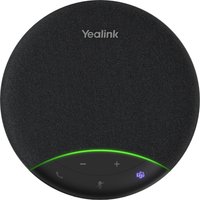 Black circular Yealink SP92 USB-C/A speakerphone with fabric top, touch controls, and green LED indicator.