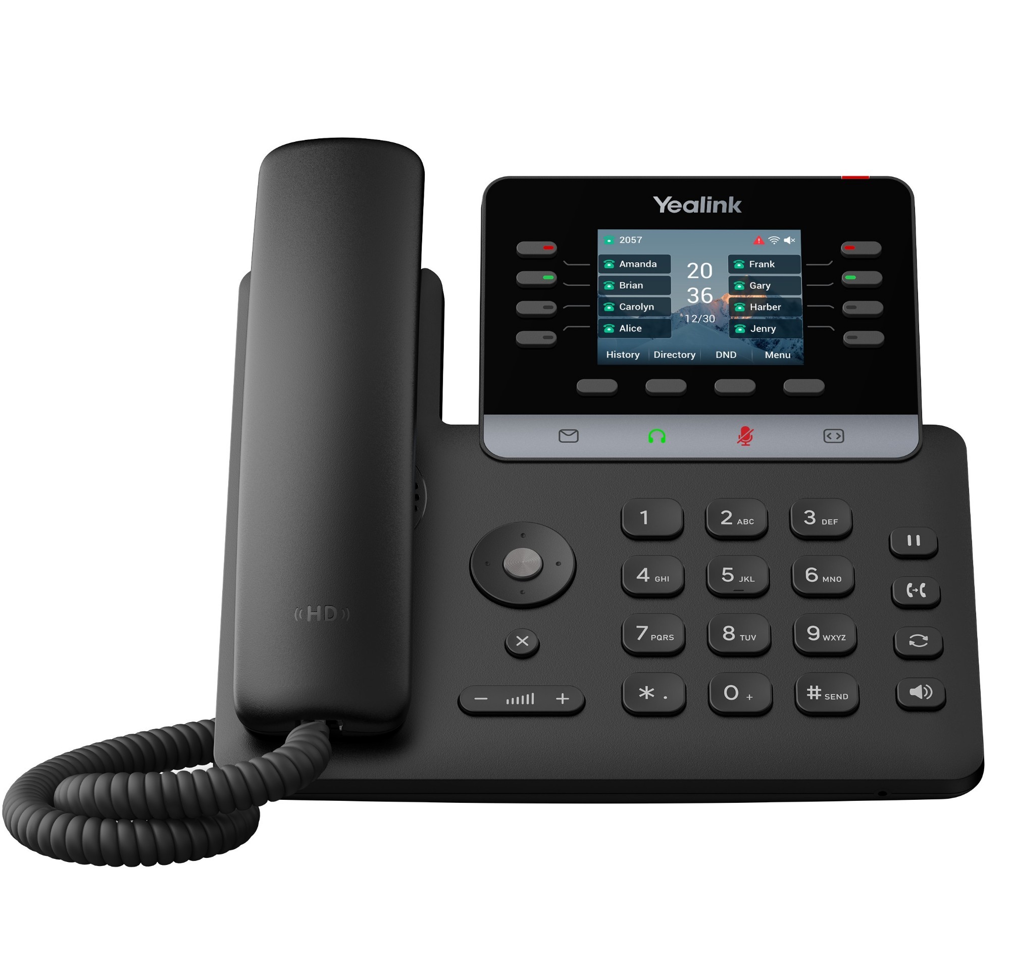 Yealink T73W IP phone in black with a large color display, featuring a keypad, navigation buttons, and a coiled handset, designed for professional communication.
