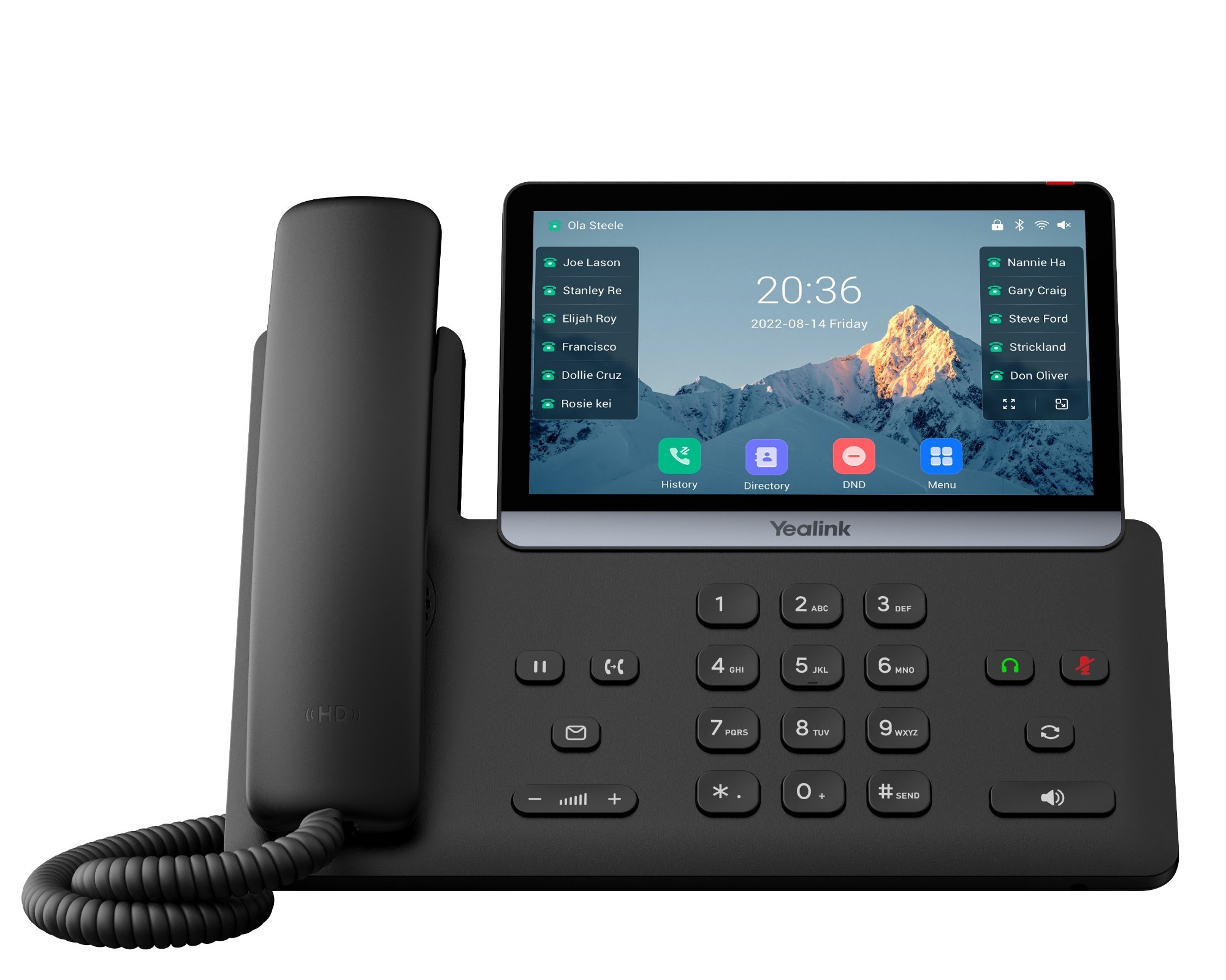 Yealink T77U IP phone in black with a touchscreen display, featuring a handset, a numeric keypad, and various app icons visible on the screen.