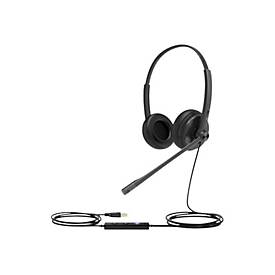 Yealink UH34 Lite Dual UC Headset features a sleek black design with cushioned ear cups, a flexible boom microphone, and an inline control unit for volume and call management.