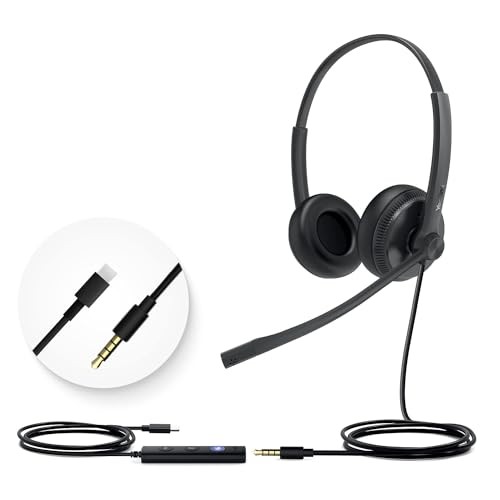 Black dual headset with noise-canceling microphone, featuring a Microsoft Teams button on the controller, connected by a sleek cable.