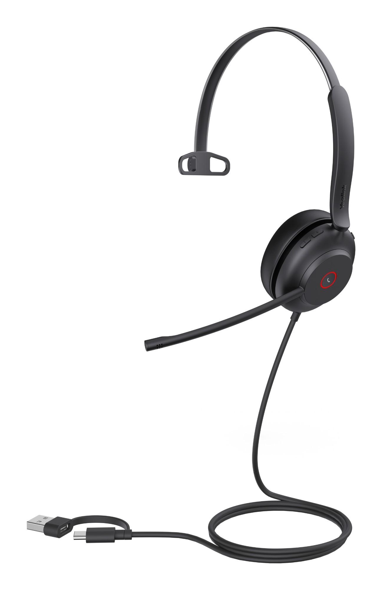 Black Yealink UH37 Mono UC USB-C/a headset featuring a single ear cup, adjustable headband, and a flexible microphone boom, with a USB-C connector for easy connectivity.