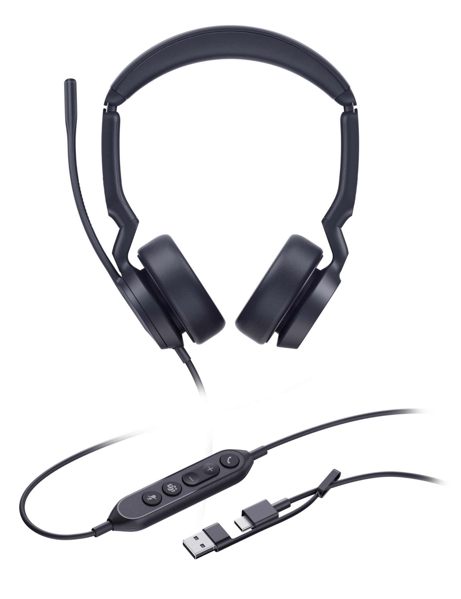 Yealink UH44 dual Teams USB-C/a headset in black with cushioned ear cups, adjustable headband, and in-line control module featuring buttons for call management.