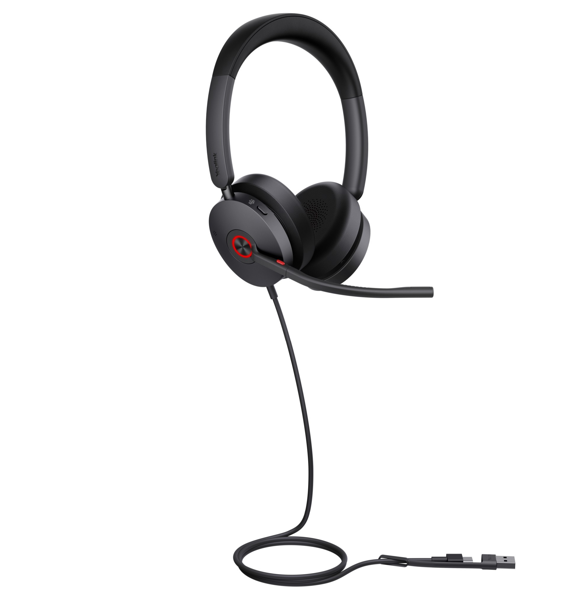 Yealink UH48 ANC USB-CA wired stereo headset in black, featuring a sleek design, adjustable headband, and a flexible boom microphone for clear audio communication.