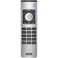 Yealink VCR11 remote control, silver with black buttons, circular navigation pad, and Yealink logo at the bottom.