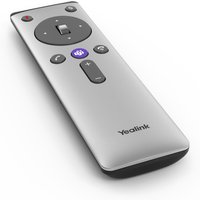 Yealink VCR20-MS camera remote, silver with black buttons, circular navigation pad, and purple central button.