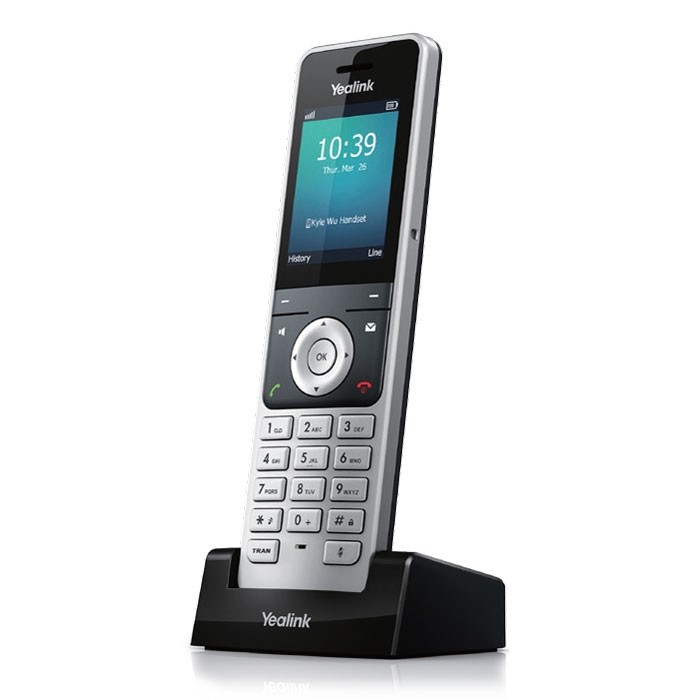 Black Yealink W56H DECT telephone handset with a silver trim, featuring a digital display, keypad with numeric keys, and a charging dock.