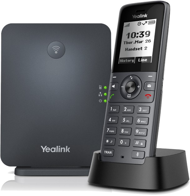 Yealink W71P Bundle featuring a sleek black W70B base station with LED indicators and a W71H cordless phone with a color display and keypad.