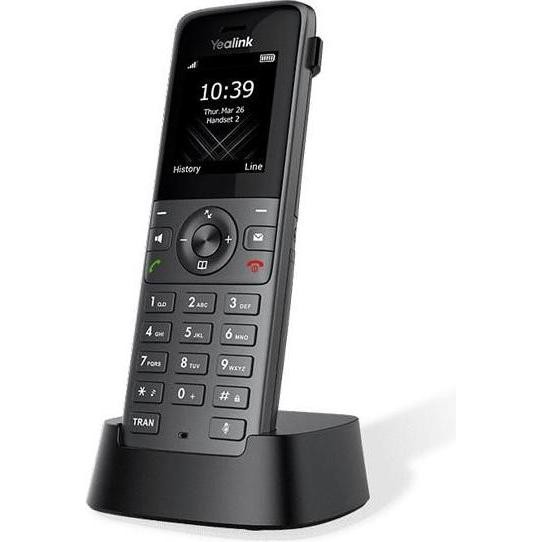 Yealink W73H IP phone in black with a sleek design, featuring a TFT display, numeric keypad, and a charging dock, supporting two lines for efficient communication.