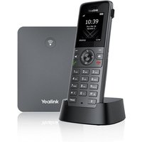 Yealink W73P DECT handset with black keypad, color screen, and base station with Yealink logo.