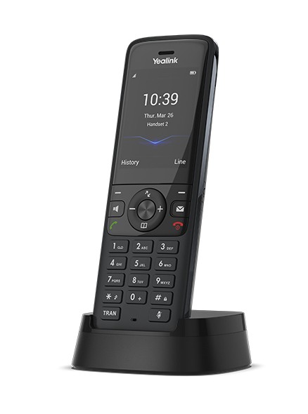 Yealink W78H cordless phone in black, featuring a sleek design, a digital display showing time and date, and a base station for charging.