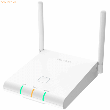 Yealink W90B DECT Base Station in white, featuring two antennas, a central button, and LED indicators for LAN, Role, and DECT connectivity.