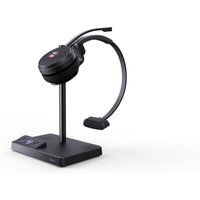 Black Yealink WH62 Mono Teams headset with single earcup, adjustable headband, and charging stand.