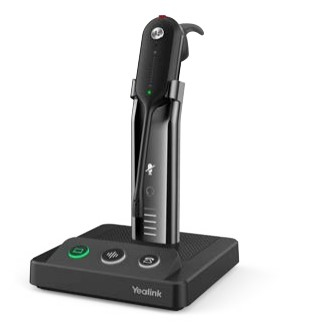 Yealink WH63 wireless headset with an ear-hook design, featuring a sleek black finish, charging base with button controls, and LED indicator lights.