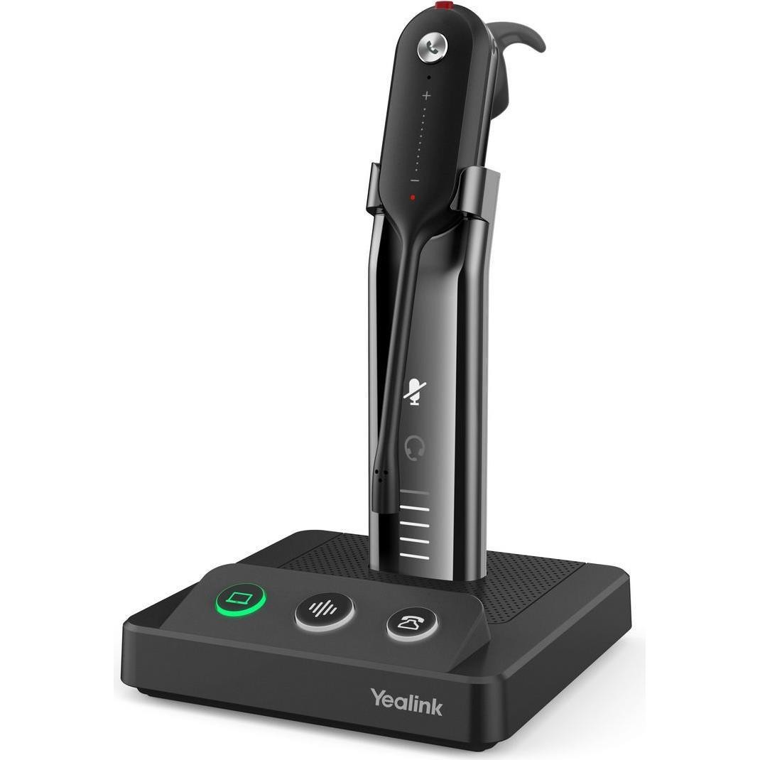 Yealink WH63 UC headset in sleek black with a metallic finish, featuring a charging base and three control buttons for call management.