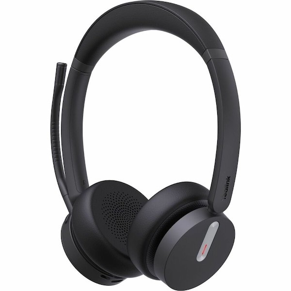 Black wireless headset with a sleek design, featuring soft ear cushions, a flexible microphone boom, and a single red button on the ear cup for easy controls.