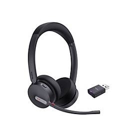 Wireless Yealink WH64 Hybrid Dual UC headset in black with a sleek design, featuring a flexible microphone boom and a USB dongle for connectivity.