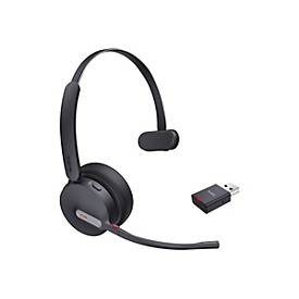 Wireless Yealink WH64 Hybrid Mono Teams headset in black with a sleek headband, adjustable microphone, and included USB dongle for connectivity.