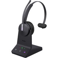Black Yealink WH64 Mono Teams headset with single ear cup, adjustable headband, and sleek charging base.