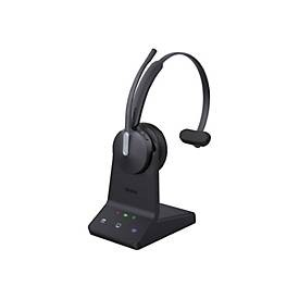 Yealink WH64 Mono UC headset in black with a sleek design, featuring an adjustable headband, a single earcup, and a base station with control buttons for easy access.