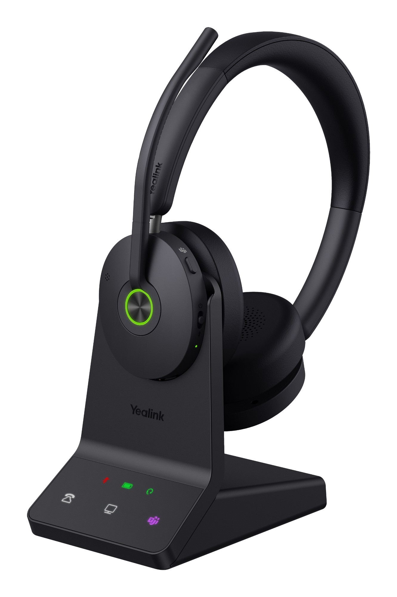 Yealink WH68 Teams Headset features a sleek black design with a flexible microphone arm, soft ear cushions, and a charging base with indicator lights and control buttons.