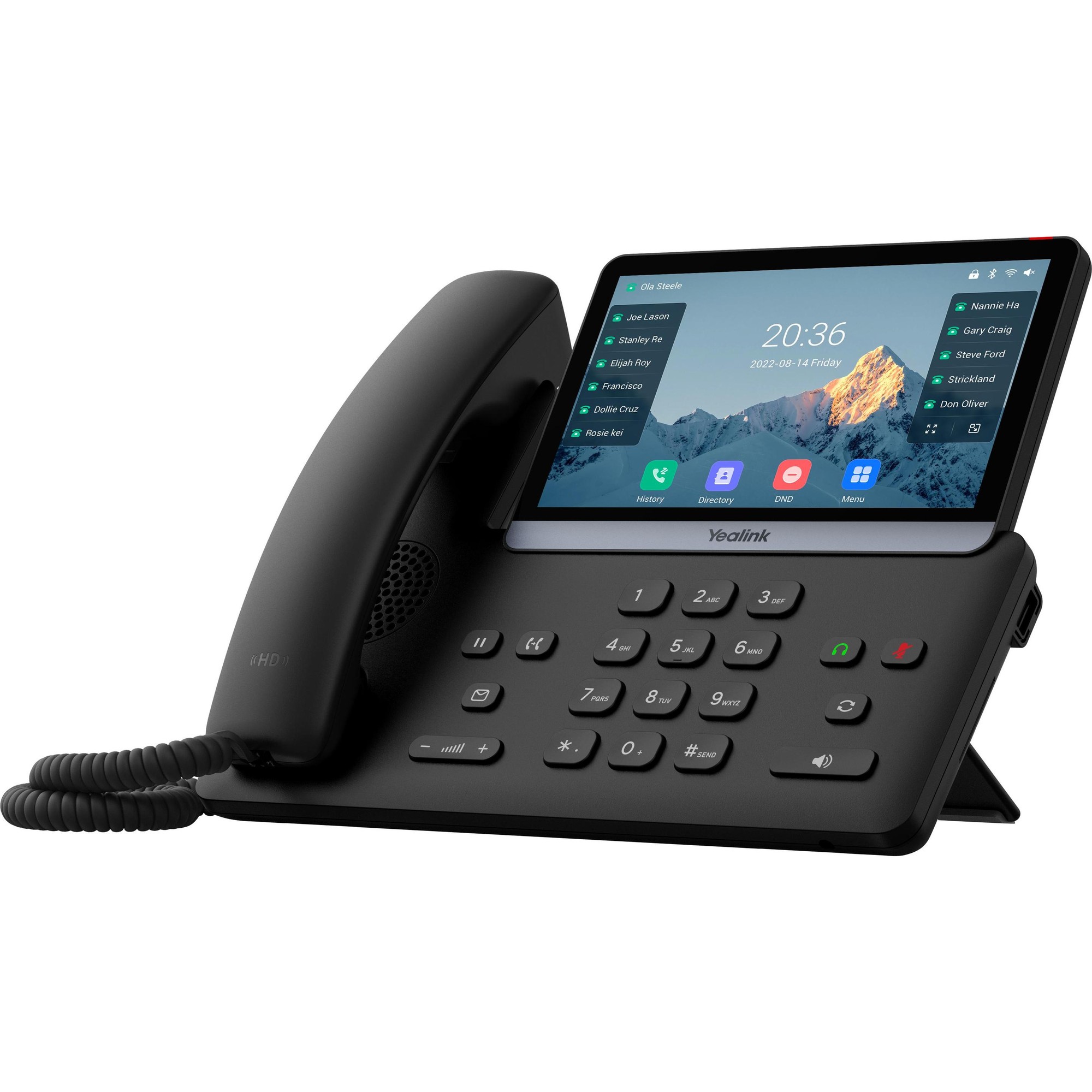Black Yealink SIP-T77U desk phone featuring a large touchscreen display, traditional handset, and a keypad with numeric and function buttons.