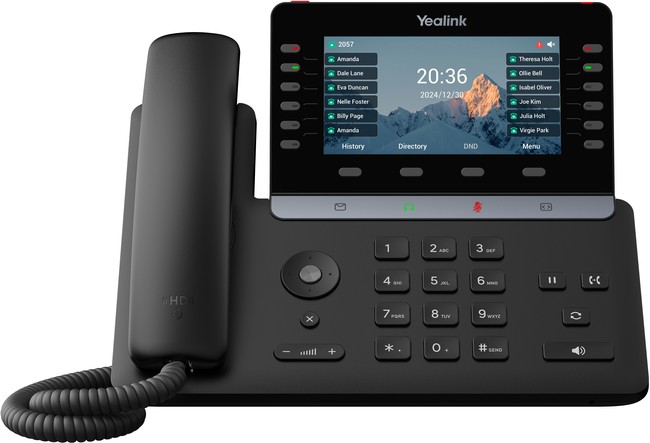 Black Yealink SIP-T85W desk phone featuring a large color touchscreen, multiple programmable keys, a numeric keypad, and a sleek design with a traditional handset.