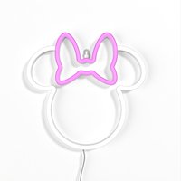 White and pink neon Minnie Mouse ears and bow wall light, shaped like classic Disney character silhouette.