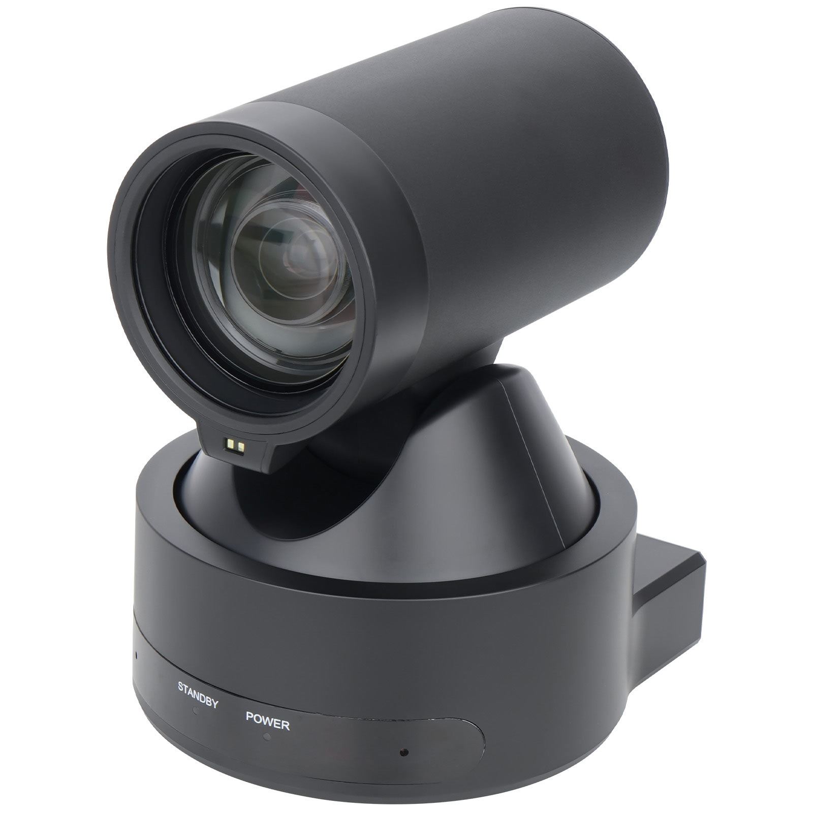 Compact black camera with a cylindrical lens housing, mounted on a circular base featuring power and standby indicators.