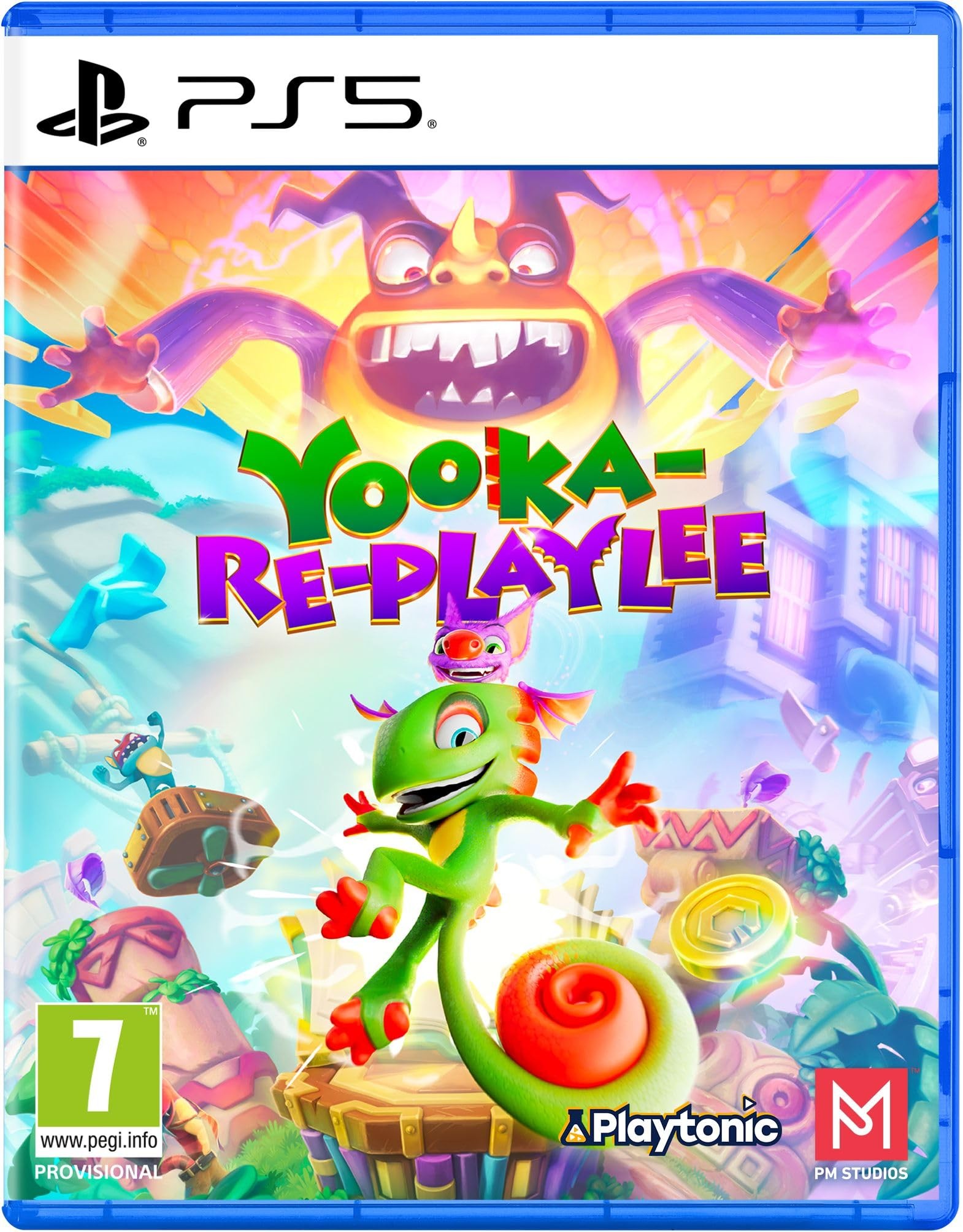 Colorful PS5 game cover featuring Yooka, a green chameleon, and Laylee, a pink bat, with a vibrant background of whimsical characters and environments.