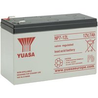 Gray Yuasa NP7-12L UPS battery, sealed lead acid, 12V, red branding, black top with terminals, labeled for safety.