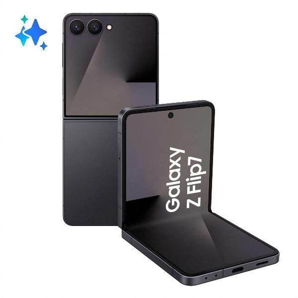 Samsung Galaxy Z Flip 7 in Jet Black, featuring a sleek foldable design, dual rear cameras, and a vibrant display with "Galaxy Z Flip7" text on the screen.