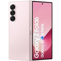 Samsung Z Fold 6 5G in pink, unfolded, with triple rear cameras, large display showing "Galaxy Z Fold6" text.