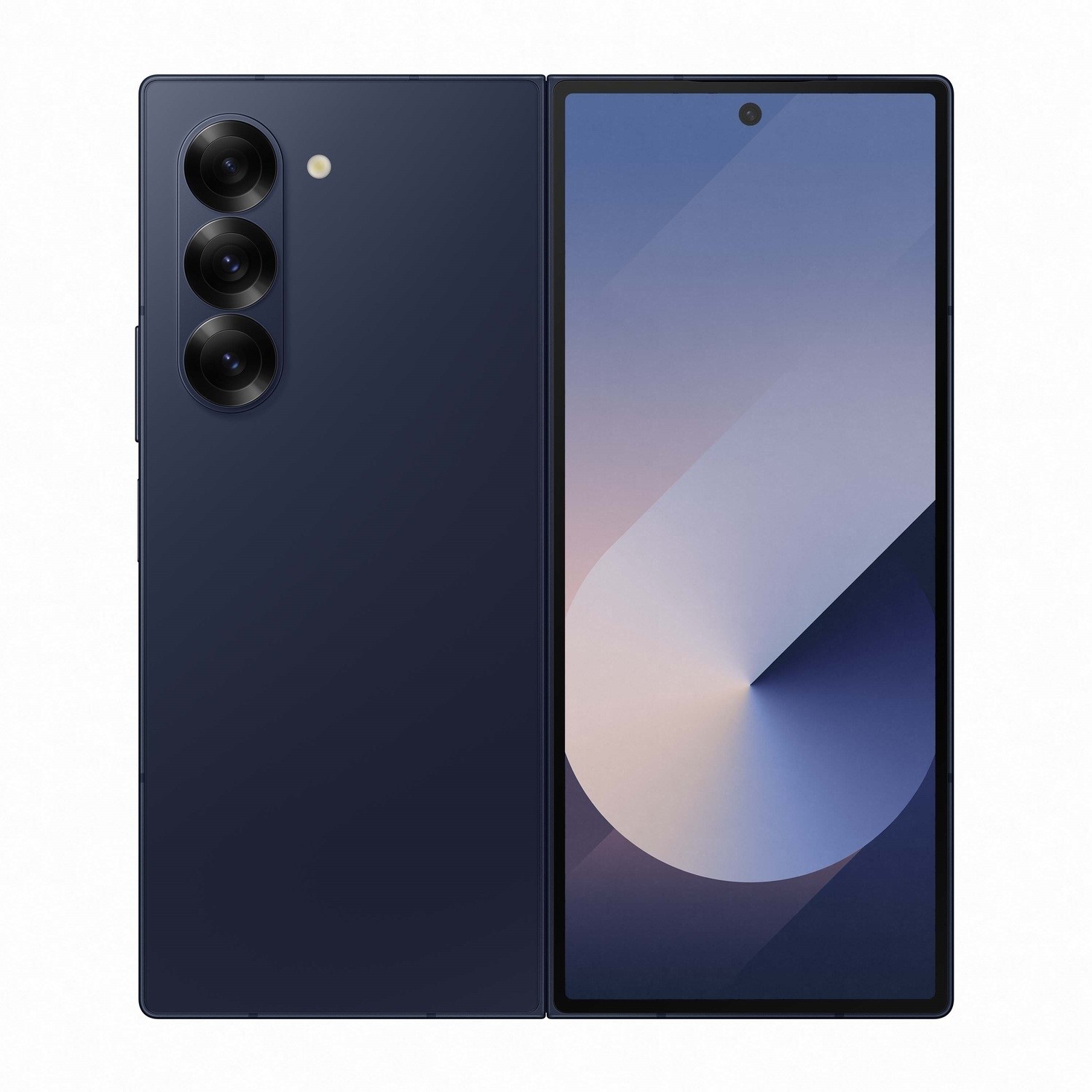 Samsung Z Fold 6 5G in navy, featuring a sleek design, three rear cameras, and a large foldable display showcasing a minimalist interface.